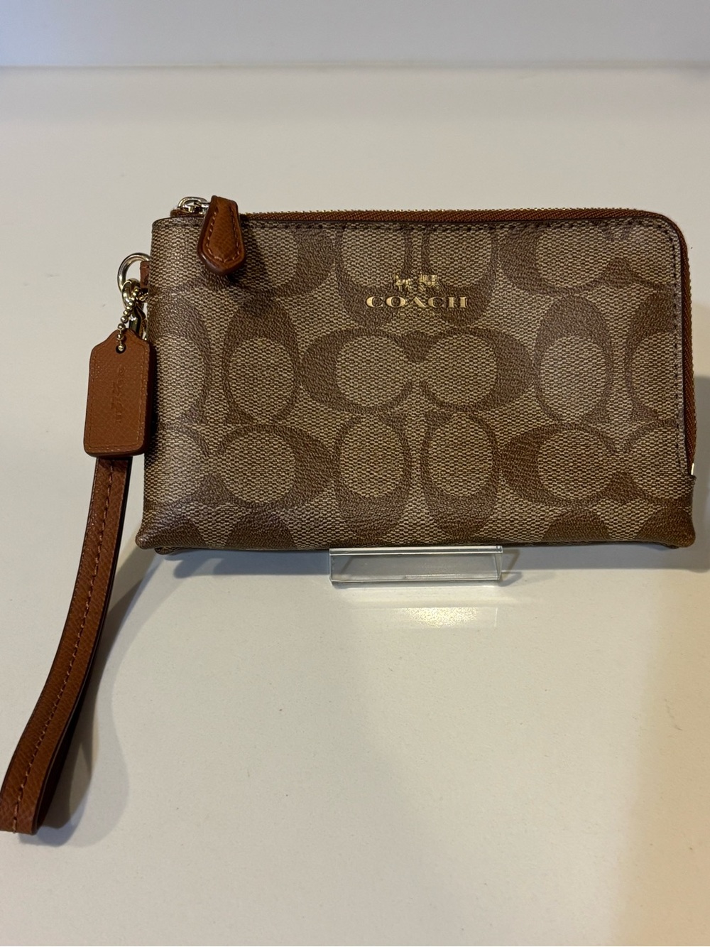 Coach Brown Signature Logo Wristlet with Tan Leather Trim